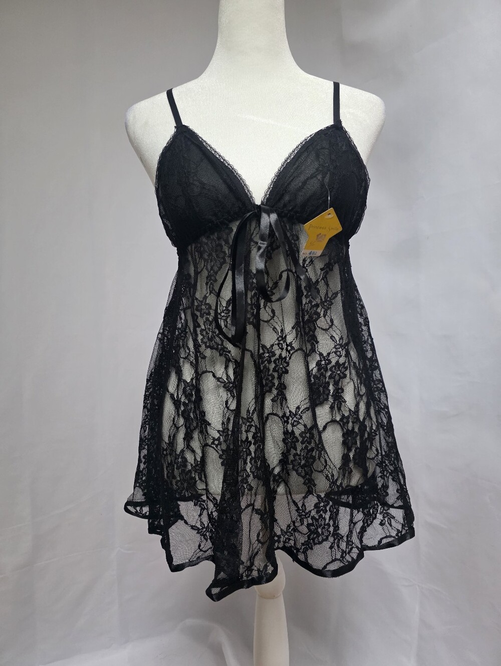 Princess Smile Black Lace Sheer Babydoll Chemise Lingerie NWT One Size